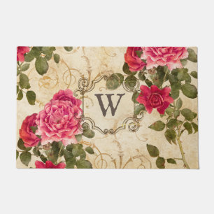 Vintage Pink Red Rose Gold Damask Monogram Doormat
