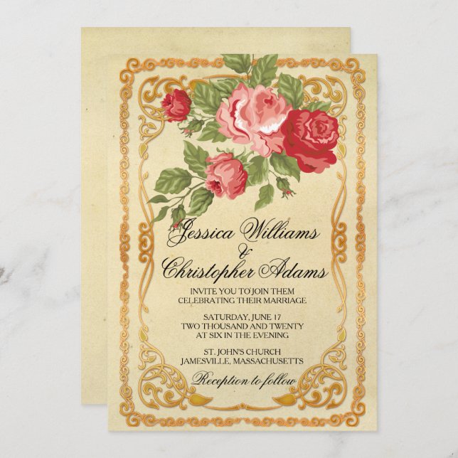 Vintage Pink & Red Rose Wedding Invitation (Front/Back)