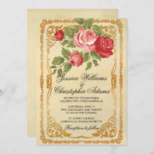 Vintage Pink & Red Rose Wedding Invitation