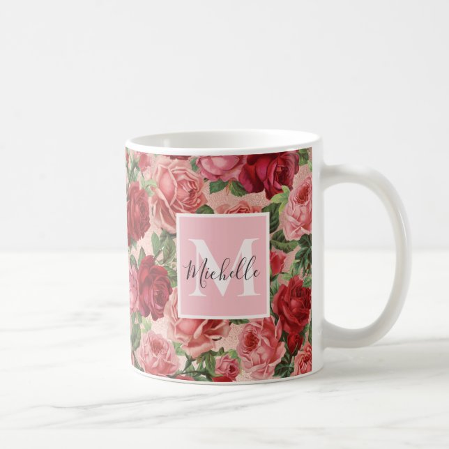 Vintage Pink Red Roses Floral Monogrammmed Coffee Mug (Right)