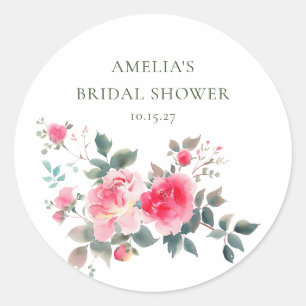 Vintage Pink Red Roses Watercolor Bridal Shower Classic Round Sticker