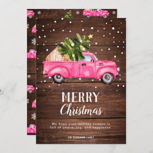 Vintage pink red truck Christmas tree wood Merry Holiday Card