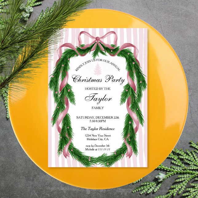 Vintage Pink Ribbon Wreath Christmas Dinner Party Invitation (vintage pink ribbon christmas wreath with stripes in the background, christmas dinner invitation)