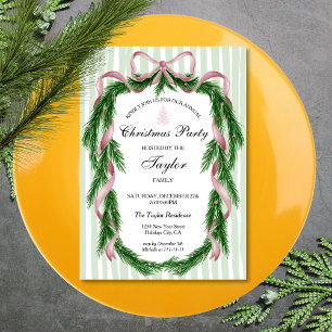 Vintage Pink Ribbon Wreath Christmas Dinner Party Invitation