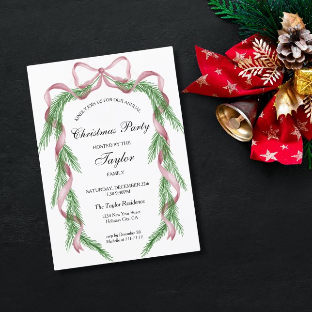 Vintage Pink Ribbon Wreath Christmas Dinner Party Invitation (Creator Uploaded)