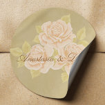 Vintage pink romantic roses with golden fleurdelis classic round sticker<br><div class="desc">Elegant luxurious looking wedding invitations stationery set and favours featuring a charming vintage bunch / bouquet of roses in pink peach pale nuances on an old like beige light brown and golden background.  Some elements of the collection are embellished with French fleur de lis golden signs.</div>