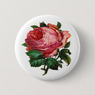 VINTAGE PINK ROSE 6 CM ROUND BADGE