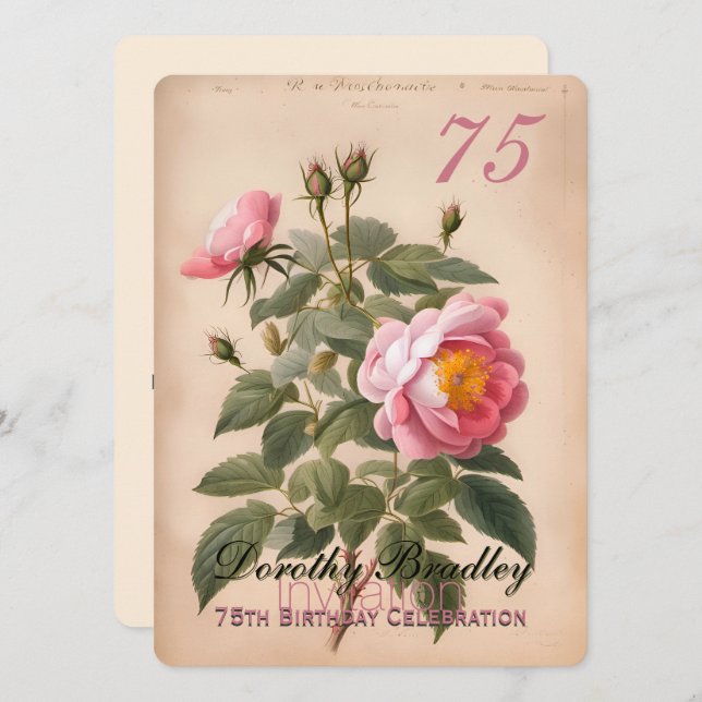 Vintage Pink Rose 75th Birthday Celebration 2 Invitation (Front/Back)