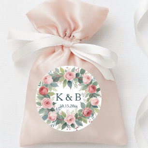 Vintage Pink Rose and Eucalyptus Botanical Wedding Classic Round Sticker