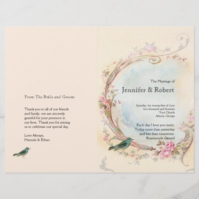 Vintage Pink Rose and Robin Wedding Program (Front)