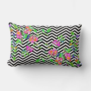 Vintage Pink Rose - black and white chevron Lumbar Cushion