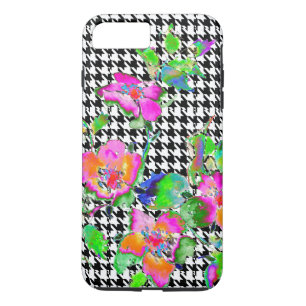 Vintage Pink Rose -  black and white hounds-tooth iPhone 8 Plus/7 Plus Case