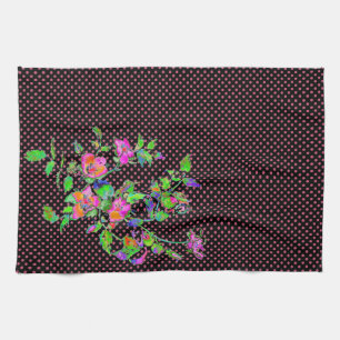 Vintage Pink Rose black/pink polka-dots Tea Towel