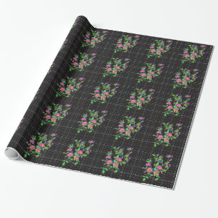 Vintage pink rose  Black / white plaid background Wrapping Paper