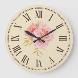 Vintage Pink Rose Blossom Golden Twig Floral Large Clock