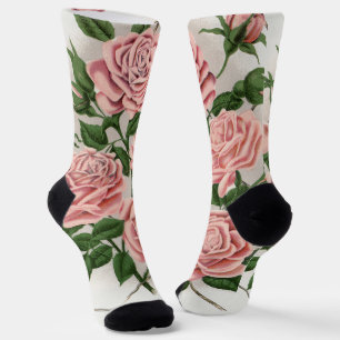 Vintage Pink Rose Botanical Cottagecore Art Socks