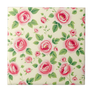 Vintage Pink Rose Bouquet Pastel Floral Chintz Ceramic Tile