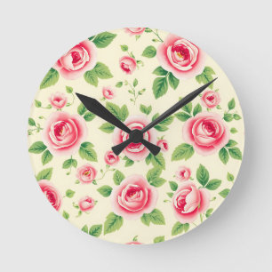 Vintage Pink Rose Bouquet Pastel Floral Chintz  Round Clock