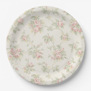 Vintage Pink Rose Cottagecore Floral Pattern Paper Plate