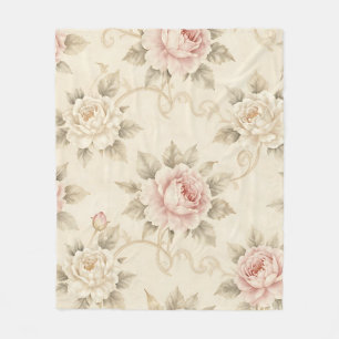 Vintage Pink Rose Damask Floral Pattern Fleece Blanket