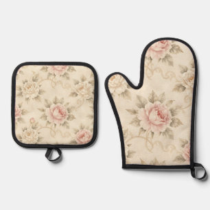Vintage Pink Rose Damask Floral Pattern Oven Mitt & Pot Holder Set