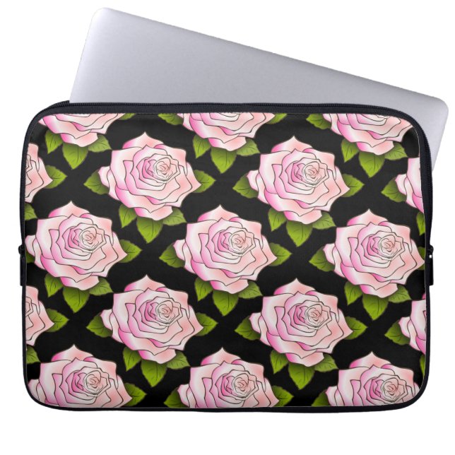 Vintage Pink Rose Drawing Black Laptop Sleeves (Front)