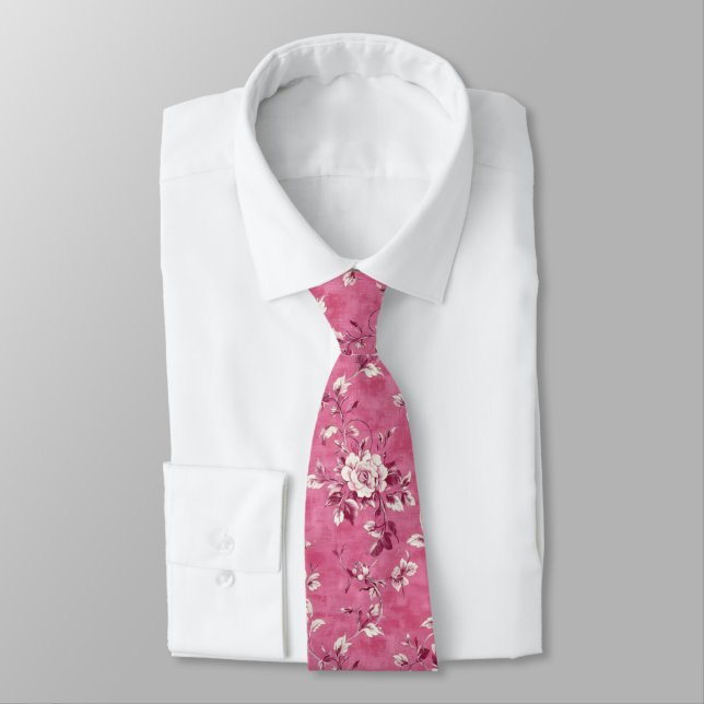 Vintage Pink Rose Floral Chinoiserie Tie (Tied)