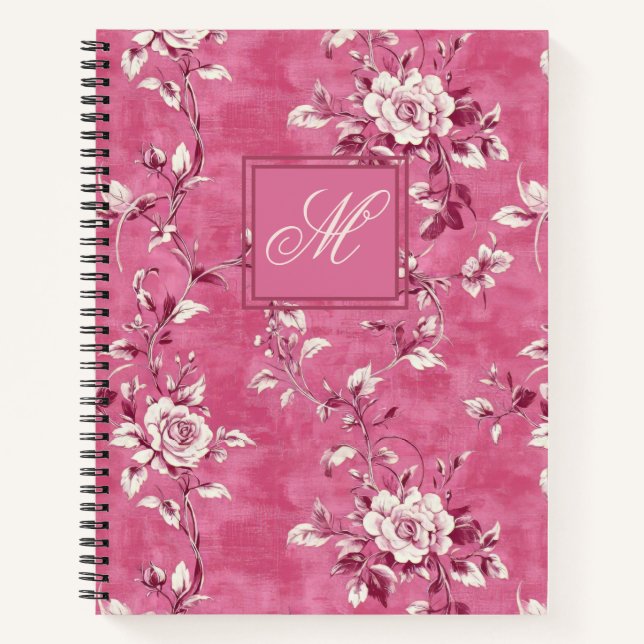Vintage Pink Rose Floral Monogram Notebook (Front)