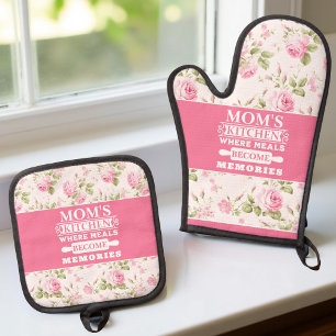 Vintage Pink Rose Floral Oven Mitt & Pot Holder Set