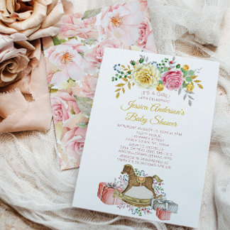 Vintage Pink Rose Floral Rocking Horse Baby Shower Invitation