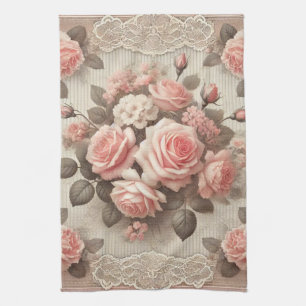 Vintage Pink Rose Floral with Lace Border Tea Towel
