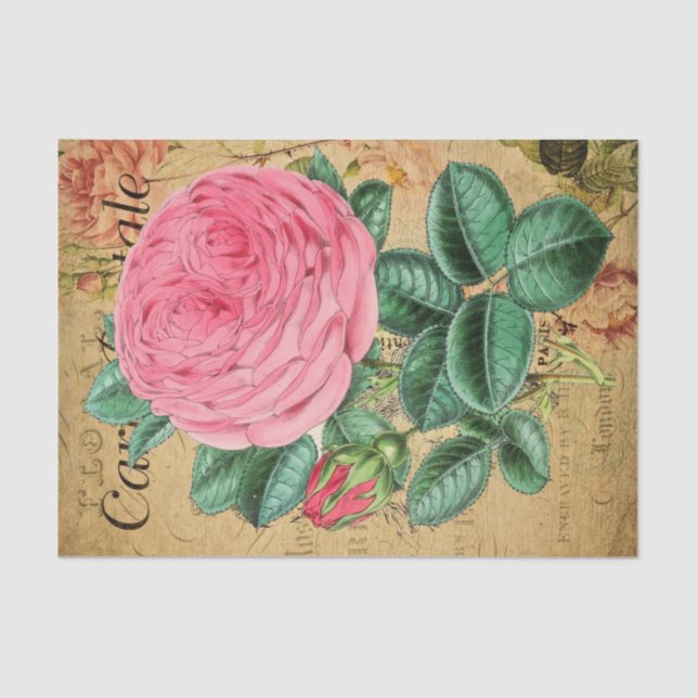 Vintage Pink Rose Flower Decoupage Craft  Tissue Paper (Front)