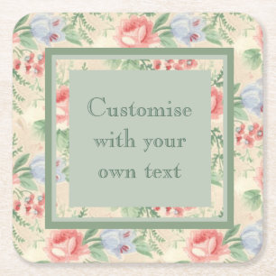 Vintage Pink Rose Flower Pattern Custom Text Square Paper Coaster