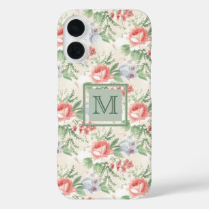 Vintage Pink Rose Flower Pattern Monogram iPhone 16 Case
