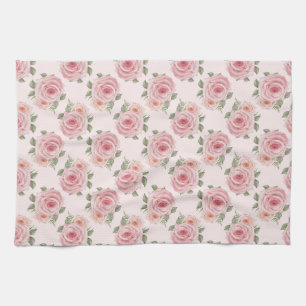 Vintage pink rose garden cottage floral pattern tea towel