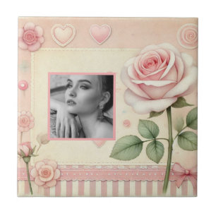 Vintage pink rose hearts floral photo watercolor  ceramic tile