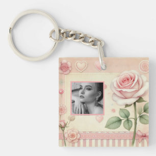 Vintage pink rose hearts floral photo watercolor  key ring
