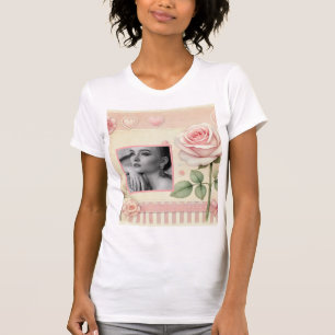 Vintage pink rose hearts floral photo watercolor T-Shirt