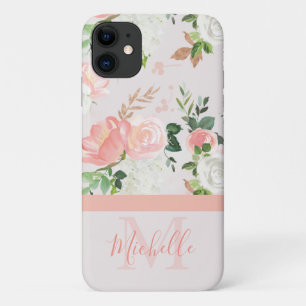 Vintage Pink Rose Monogram and Name iPhone 11 Case