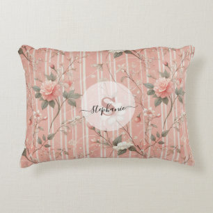 Vintage Pink Rose on Striped Pink Background Decorative Cushion