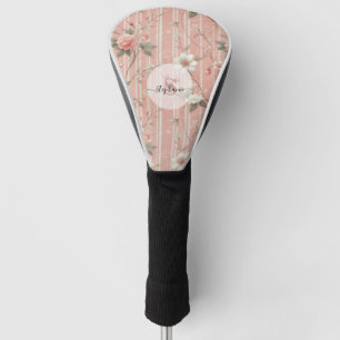 Vintage Pink Rose on Striped Pink Background Golf Head Cover