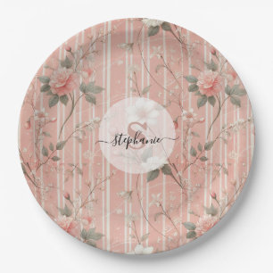 Vintage Pink Rose on Striped Pink Background Paper Plate