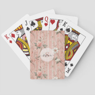 Vintage Pink Rose on Striped Pink Background Playing Cards