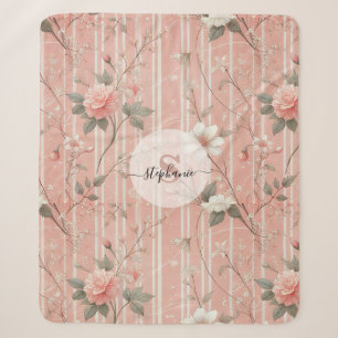 Vintage Pink Rose on Striped Pink Background Sherpa Blanket
