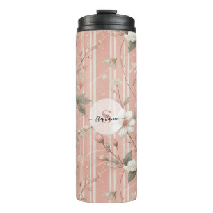 Vintage Pink Rose on Striped Pink Background Thermal Tumbler