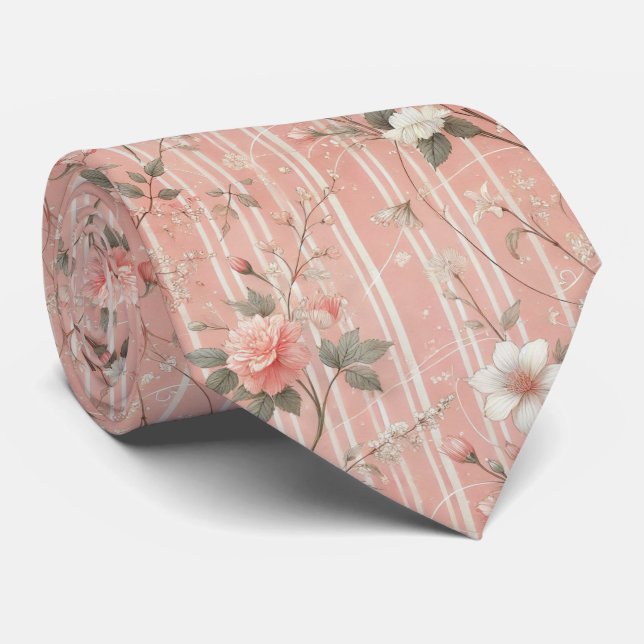 Vintage Pink Rose on Striped Pink Background Tie (Rolled)