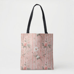 Vintage Pink Rose on Striped Pink Background Tote Bag