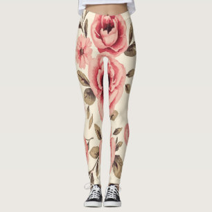 Vintage Pink Rose Pattern on Cream Leggings