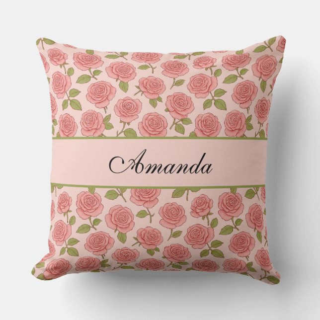 Vintage Pink Rose Pattern with Name Cushion (Front)