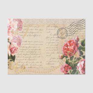 Vintage Pink Rose Pearls Lace Script Postmark Tissue Paper